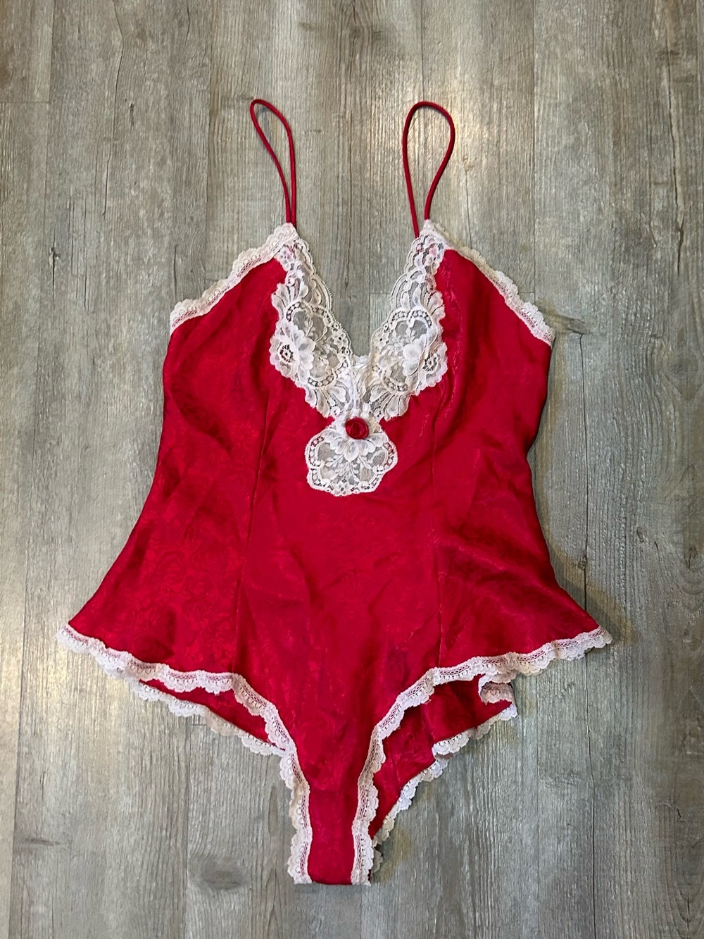 Christian Dior Vintage Red Lace Trim Cami Teddy Bodysuit High Cut One Size
